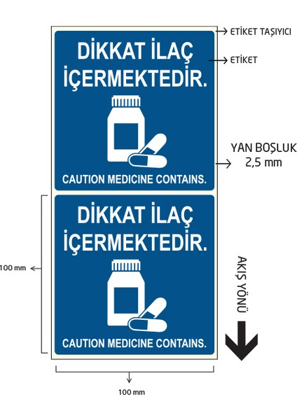 Dikkat Ilaç Içermektedir Etiketi 100X100 mm 500'LÜ 1 Rulo