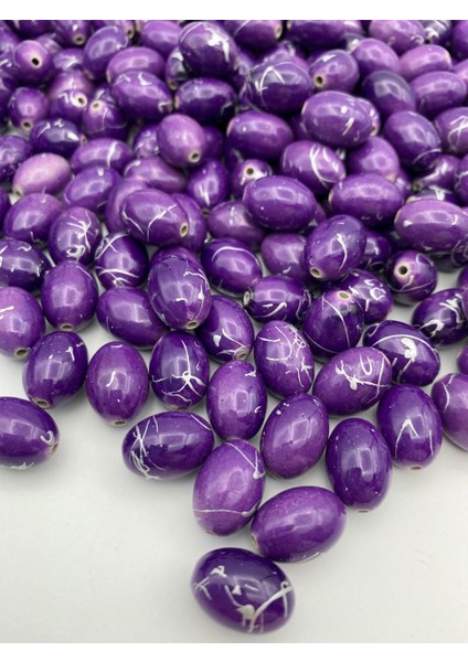 12X18MM Gümüş Damarlı Mor Badem Model Takı ve Çanta Yapım Boncuğu (100GR,~60ADET)