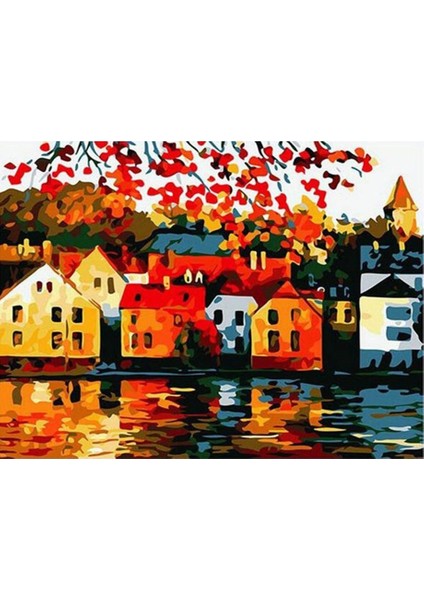 Renkli Evler Sayılarla Boyama SETI40X50 cm Tuval Şasesine Gerili