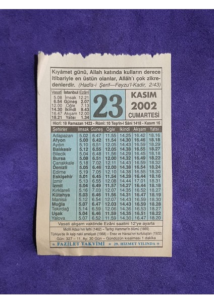 23 Kasım 2002 Takvim Yaprağı - Nostalji Koleksiyonluk Takvim Yaprağı