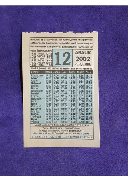 12 Aralık 2002 Takvim Yaprağı - Nostalji Koleksiyonluk Takvim Yaprağı