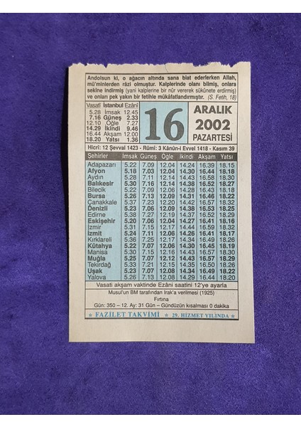 16 Aralık 2002 Takvim Yaprağı - Nostalji Koleksiyonluk Takvim Yaprağı