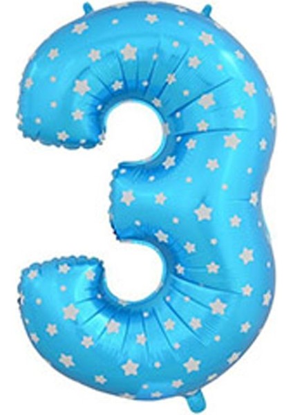 Yıldızlı 90 cm Mavi Renk Rakamlı Folyo Balon 3 Numara
