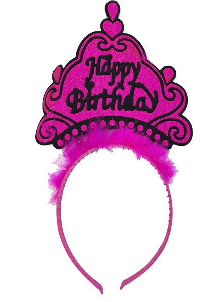 Her Şey Burada Parti Happy Birthday Yazılı Neon Fuşya Renk Doğum Günü Tacı