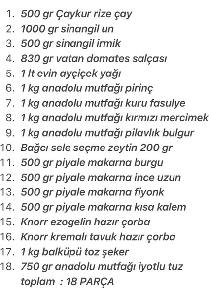 Ramazan Erzak Yardım Kumanya Paketi 18 Parça fiyatları