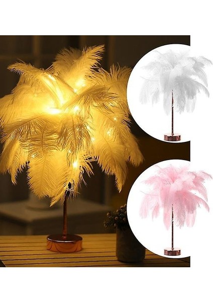Tüy Masa Lambası Uzaktan Kumanda ile USB Rose Gold Tabanı Ev Için (Beyaz) (Yurt Dışından)