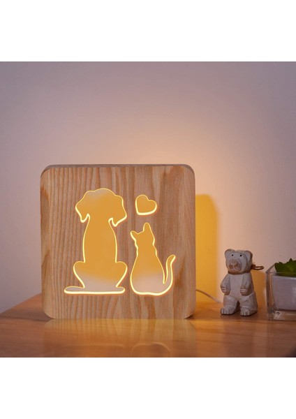 Dog And Cat Love Bedside Lamp, Coopark 3D Optical Cute Animal LED Wood Night Light, Best Gift For Pet Lover Friends, Desk Table Sleep Light (Yurt Dışından)
