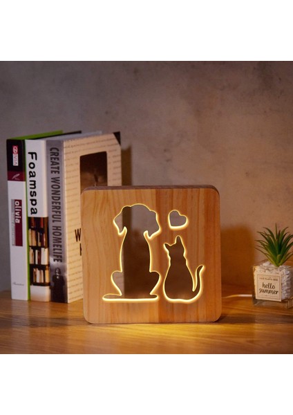 Dog And Cat Love Bedside Lamp, Coopark 3D Optical Cute Animal LED Wood Night Light, Best Gift For Pet Lover Friends, Desk Table Sleep Light (Yurt Dışından) fiyatları