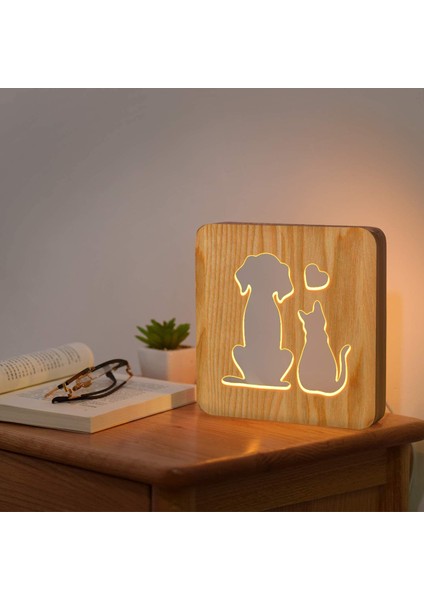 Dog And Cat Love Bedside Lamp, Coopark 3D Optical Cute Animal LED Wood Night Light, Best Gift For Pet Lover Friends, Desk Table Sleep Light (Yurt Dışından) fırsatları