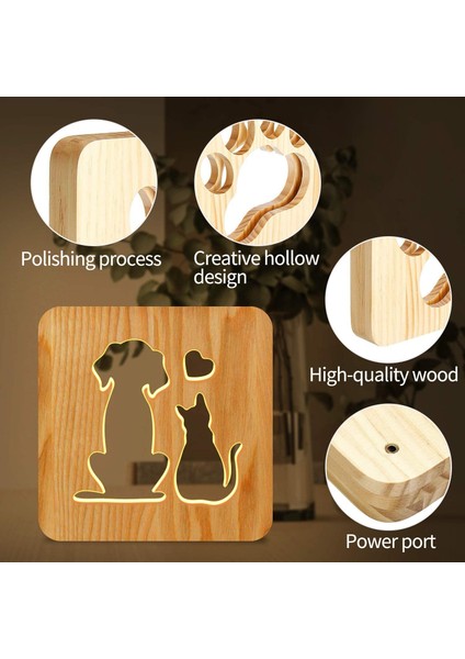 Dog And Cat Love Bedside Lamp, Coopark 3D Optical Cute Animal LED Wood Night Light, Best Gift For Pet Lover Friends, Desk Table Sleep Light (Yurt Dışından) indirimleri