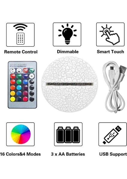 Uzaktan Kumanda ile 3D Lambalar, LED Lamba 16 Renk Işık Kısılabilir Dokunmatik Anahtarı USB (Yurt Dışından)