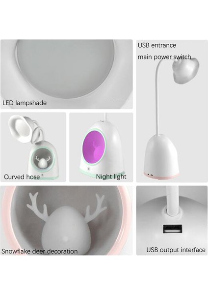 Yeşil Kar Tanesi Geyik Masa Lambası, USB Öğrenci Yurdu Okuma Dokunmatik Göz Koruma Masa Lambası LED Çok Fonksiyonlu Gece Lambası (Yurt Dışından)