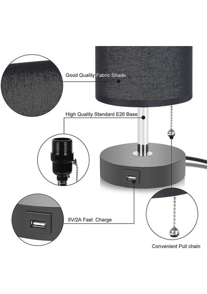 Lambalar Siyah Masa Lambası USB Şarj Limanı Başucu Gecelik Lamba Siyah Kumaş Abajur (Yurt Dışından) modelleri