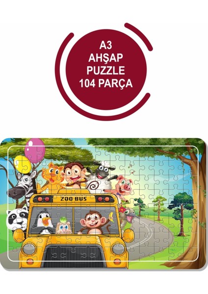 Sevimli Hayvanlar Otobüste A3 104 Parça Puzzle, Oyuncak, Yapboz