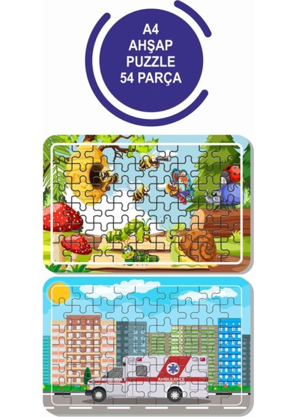 2'li Set 54 Parça Ahşap Puzzle Sevimli Hayvanlar ve Ambulans Çocuklar Için