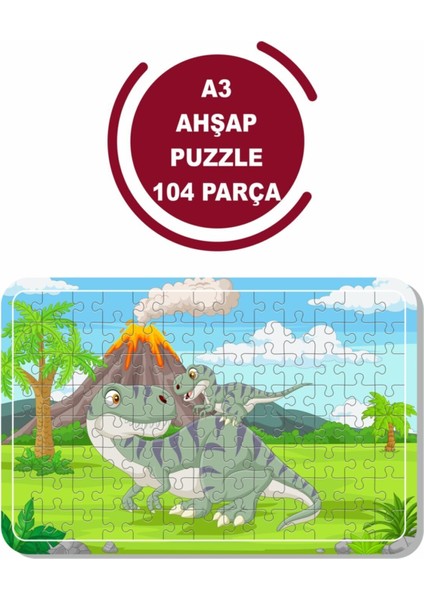 Sevimli Dinazor ve Yavrusu A3 104 Parça Ahşap Puzzle