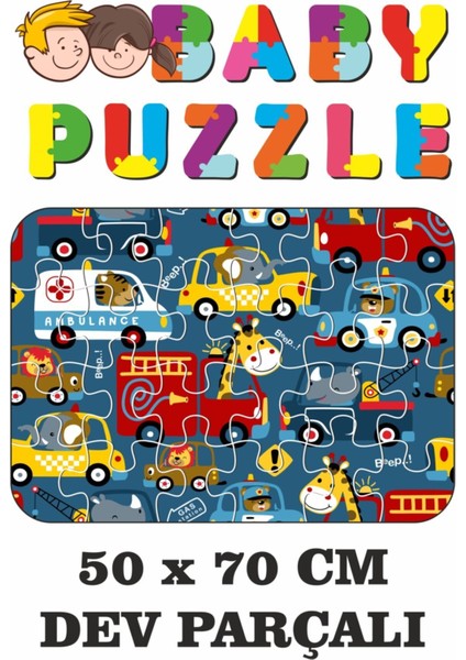 Baby Ahşap Ambulance ve Karışık Arabalar Dev Parçalı Eğlenceli Puzzle 50X70 cm Puzzle