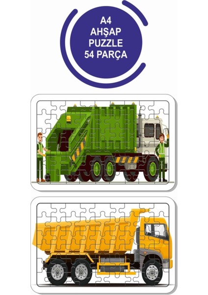 2'li Set 54 Parça Ahşap Puzzle Iş Makinaları, Kamyon, Çöp Kamyonu Çocuklar Için