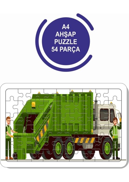 2'li Set 54 Parça Ahşap Puzzle Iş Makinaları, Kamyon, Çöp Kamyonu Çocuklar Için