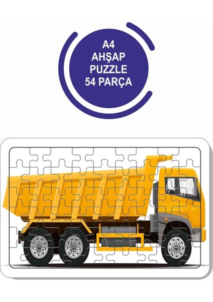 2'li Set 54 Parça Ahşap Puzzle Iş Makinaları, Kamyon, Çöp Kamyonu Çocuklar Için