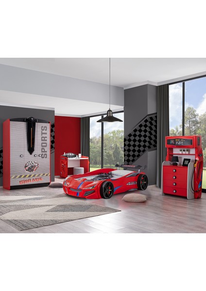Sports Çocuk Odası Takımı, Kırmızı - Merso Arabalı Yatak - Dolap - Masa - Şifonyer
