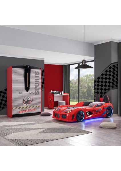 Sports Çocuk Odası Takımı, Kırmızı - Audi Arabalı Yatak - Dolap - Masa