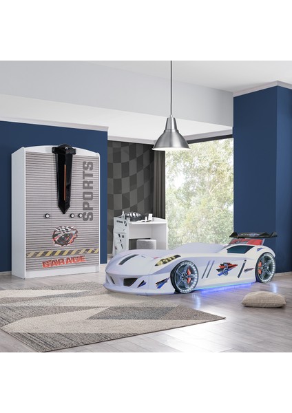 Sports Çocuk Odası Takımı, Beyaz - Jaguar Arabalı Yatak - Dolap - Masa