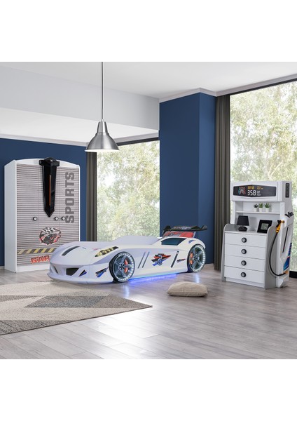 Sports Çocuk Odası Takımı, Beyaz - Jaguar Arabalı Yatak - Dolap - Şifonyer
