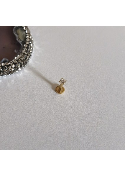 %100 G23 Titanyum Gold Tek Taş Piercing (Taş Çapı 3mm) Bar Uzunluğu 6mm