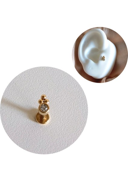Cerrahi Çelik Gold Tek Taş Üç Top Piercing- Bar Uzunluğu 6 Mm- 1 Adet