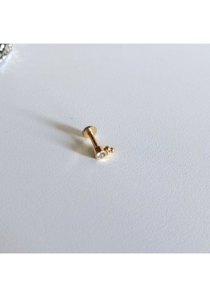 Cerrahi Çelik Gold Tek Taş Üç Top Piercing- Bar Uzunluğu 6 Mm- 1 Adet