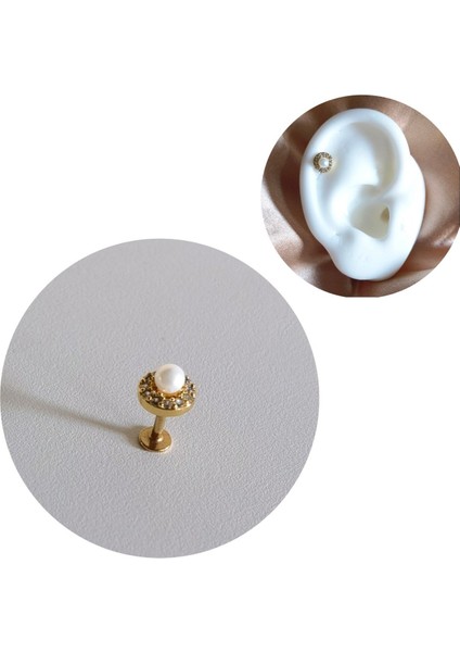 Cerrahi Çelik Gold Incili, Zirkon Taşlı Piercing- Bar Uzunluğu 6 Mm- 1 Adet