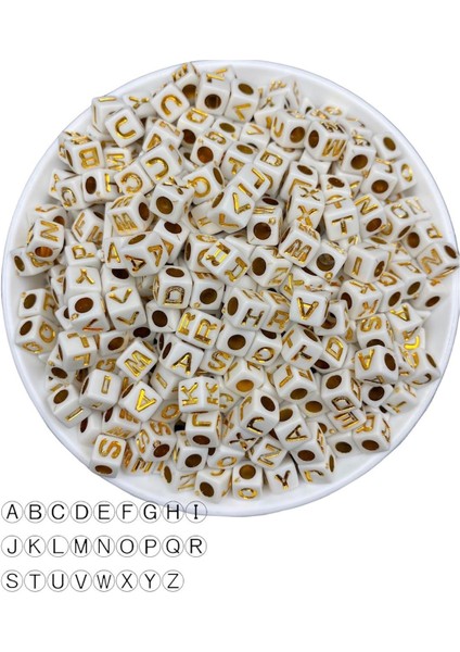 100GR Harf Boncuk, 7mm Beyaz Zemin Üzeri Beyaz Gold Yazılı Küp Harf Boncuk( 100GR,~370 Adet)