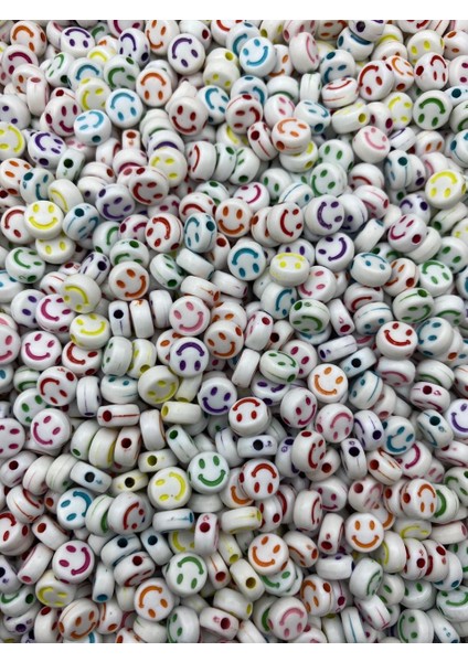 25GR Beyaz Zemin Üzeri Renkli 4X7MM Yassı Smile, Gülen Yüz,surat Boncuk (25 Gr, ~200 Adet) fiyatları