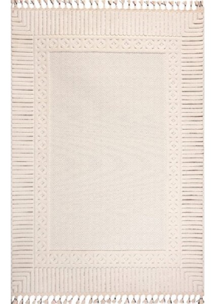 Deco Alvin 12729 Yeni Yüksek Kalite Modern Kabartmalı Örgü Saçaklı Krem Salon Halısı