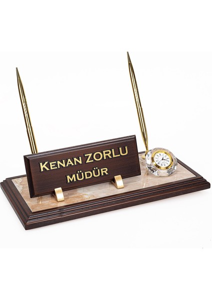 Mermer Zeminli Çift Kalemli Masa Isimlik Ahşap Masa Isimliği