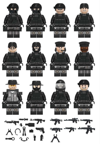 12 Parça Siyah Swat Polis Minifigure Yapı Taşı Aksesuarları Askeri Oyuncak (Yurt Dışından)