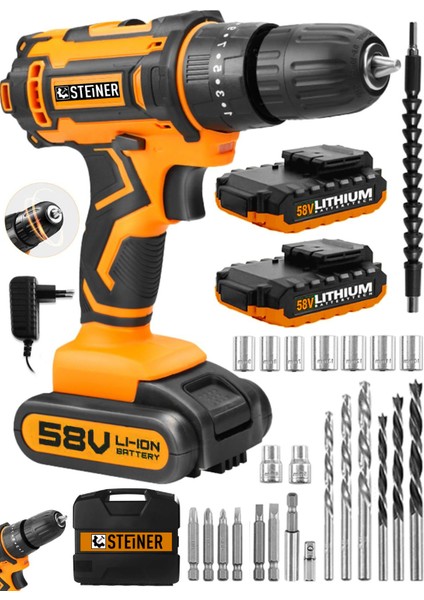 Germany Technology Highline 58 V 5 Ah Darbeli Bakır Sargılı Çift Akülü Vidalama Matkap + Set