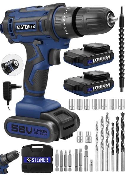 Germany Technology Highline 58 V 5 Ah Darbeli Bakır Sargılı Çift Akülü Vidalama Matkap + Set