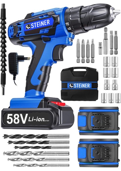 Alman V-Tech 58 V 5 Ah Çelik Motor Çelik Şanzuman Darbeli Şarjlı Çift Akülü Vidalama Matkap
