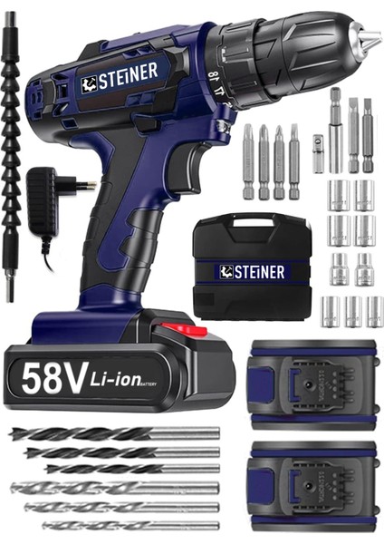 Alman V-Tech 58 V 5 Ah Çelik Motor Çelik Şanzuman Darbeli Şarjlı Çift Akülü Vidalama Matkap