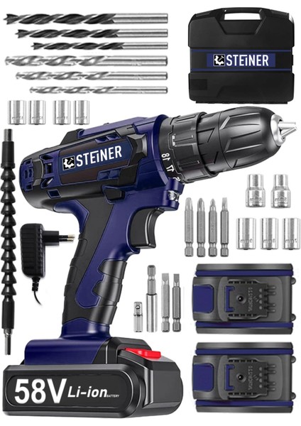 Alman V-Tech 58 V 5 Ah Çelik Motor Çelik Şanzuman Darbeli Şarjlı Çift Akülü Vidalama Matkap