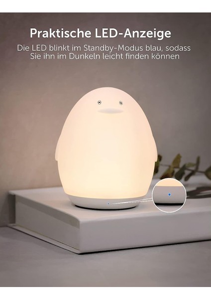 Gece Lambası Çocuk Rgb Silikon Penguen Bebek Başucu Lambası USB Şarj Edilebilir Uyku Yardım Dokunmatik Kontrol Dim 1 H Zamanlayıcı Sıcak Işık, (Beyaz) (Yurt Dışından)