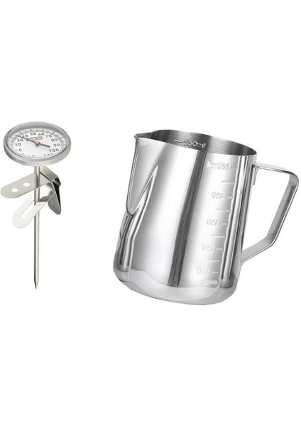 Paslanmaz Kahve Frothing Süt Latte Sürahi ile Ölçek + Köpüklü Termometre