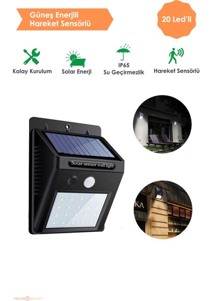 Technojet 20 Ledli Hareket Sensörlü Güneş Enerjili Şarj Olabilen Bahçe Aydınlatma Lambası Dışmekan
