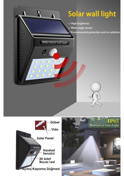 Technojet 20 Ledli Hareket Sensörlü Güneş Enerjili Şarj Olabilen Bahçe Aydınlatma Lambası Dışmekan