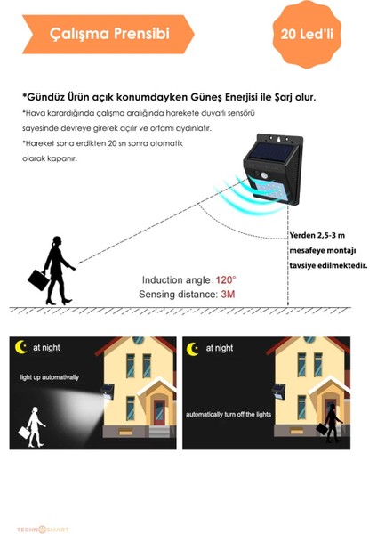Technojet 20 Ledli Hareket Sensörlü Güneş Enerjili Şarj Olabilen Bahçe Aydınlatma Lambası Dışmekan