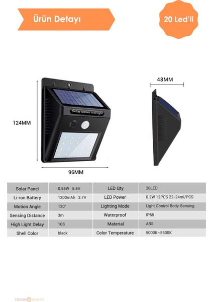 Technojet 20 Ledli Hareket Sensörlü Güneş Enerjili Şarj Olabilen Bahçe Aydınlatma Lambası Dışmekan