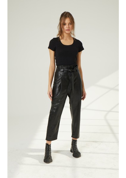 Kırmızı Kadın Havuç Kesim Beli Kemerli Cepli Yüksek Bel Astarlı Hakiki Deri Pantolon fırsatları