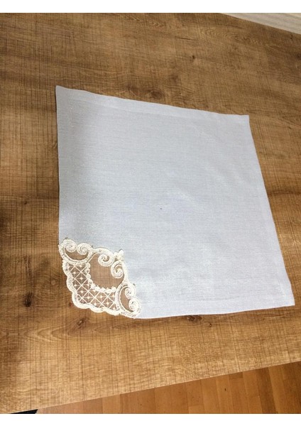 Masal Lüx Dantelli Simli Keten Kumaş Krem Masa Örtüsü ve Peçeteli Sofra Takımı 8 kişilik Dikdörtgen 160x230 cm 17 Parça - 174